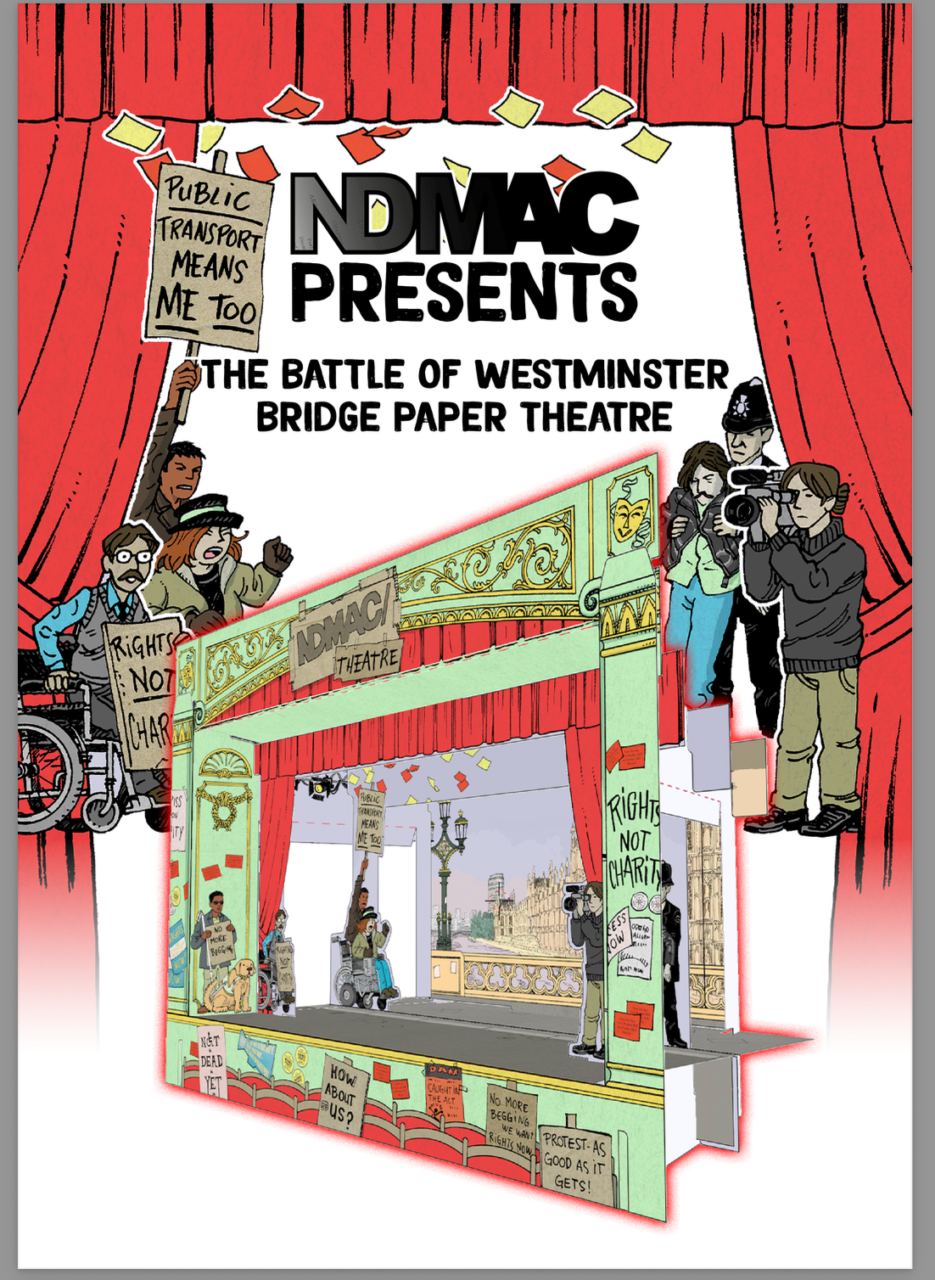 digitally drawn image of protestors on either side of theatre curtains overlooking a 3D model of a paper theatre with cut-out figures enacting the protests