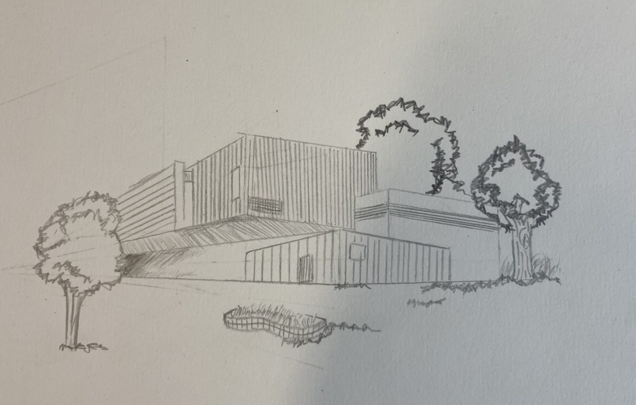 Childs drawing learining how to use 2 point perspective. A modern house made from repurposed containers, with gardens
