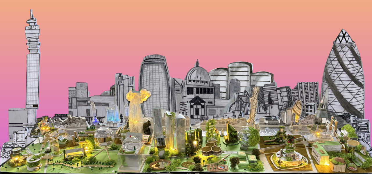 Final model with added close up collage of the drawings children completed of the north side of the river.