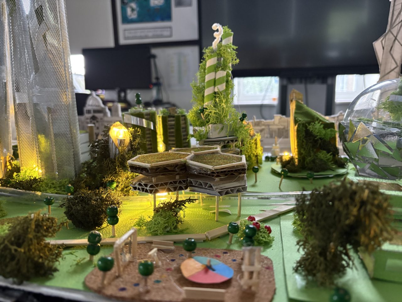 Apartment blocks, A heli-drone landing platform and playground.